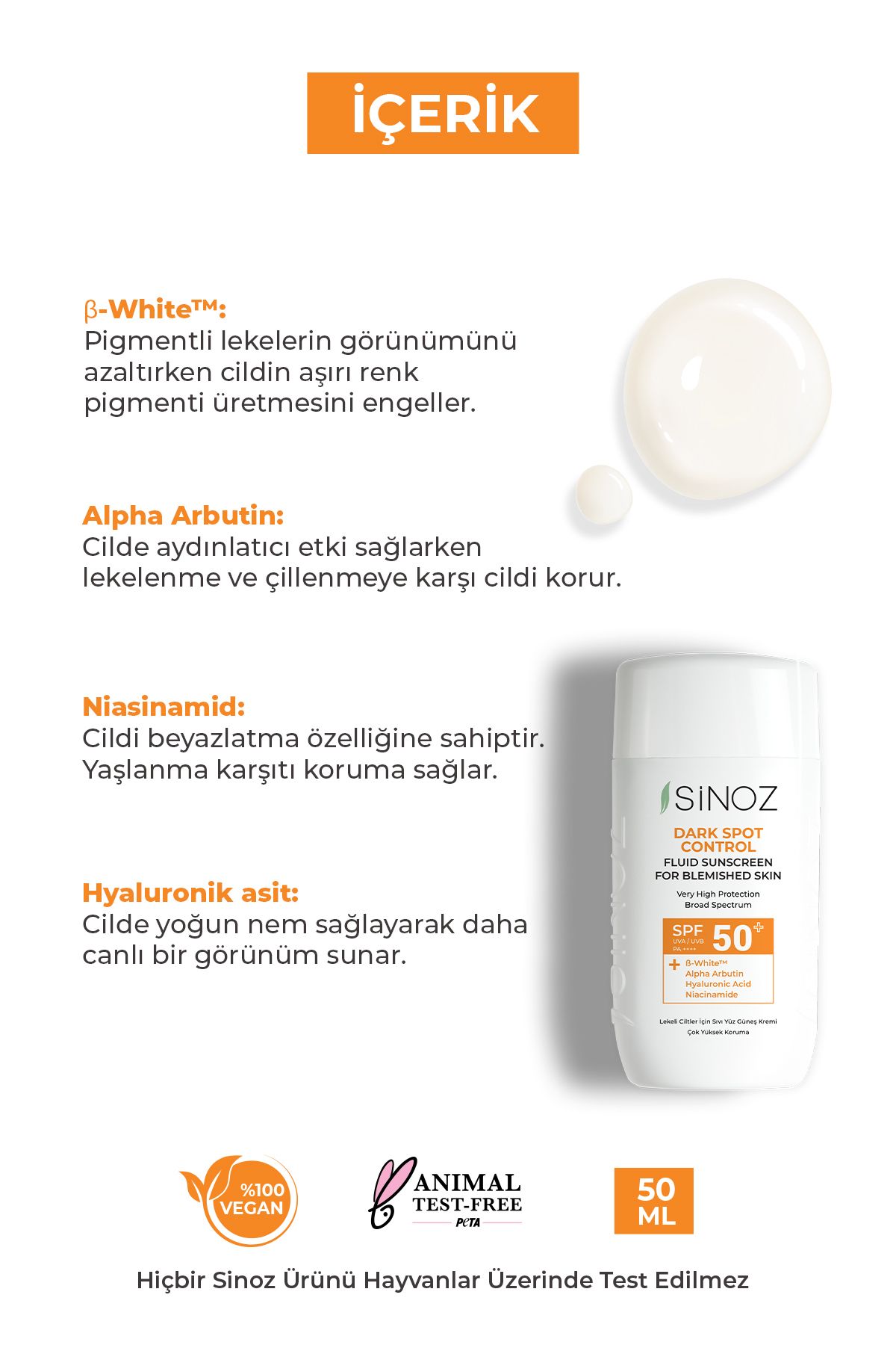 SİNOZ SPF50+ Koyu Cilt Lekelerine Etkili Sıvı Yüz Güneş Kremi-Yeni Nesil Filtreler-Hibrit Formül PA++++ - Görsel 2