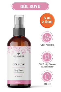 Monoville Gül Suyu Tonik Cam Şişe 100 ml %100 Saf ve Doğal Sprey Başlıklı (Rose Water)