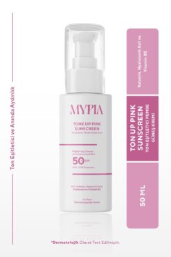 Mypia Cosmetics Leke Karşıtı Ton Eşitleyici SPF 50+ Glutatyon & Hyaluronik Asit Etkili Pembe Renkli Güneş Kremi 50ml