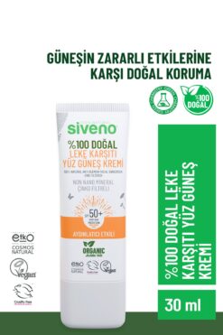 Siveno %100 Doğal Yüz Güneş Kremi Leke Karşıtı Aydınlatıcı Mineral Filtre UVA UVB SPF 50+ 30 ml