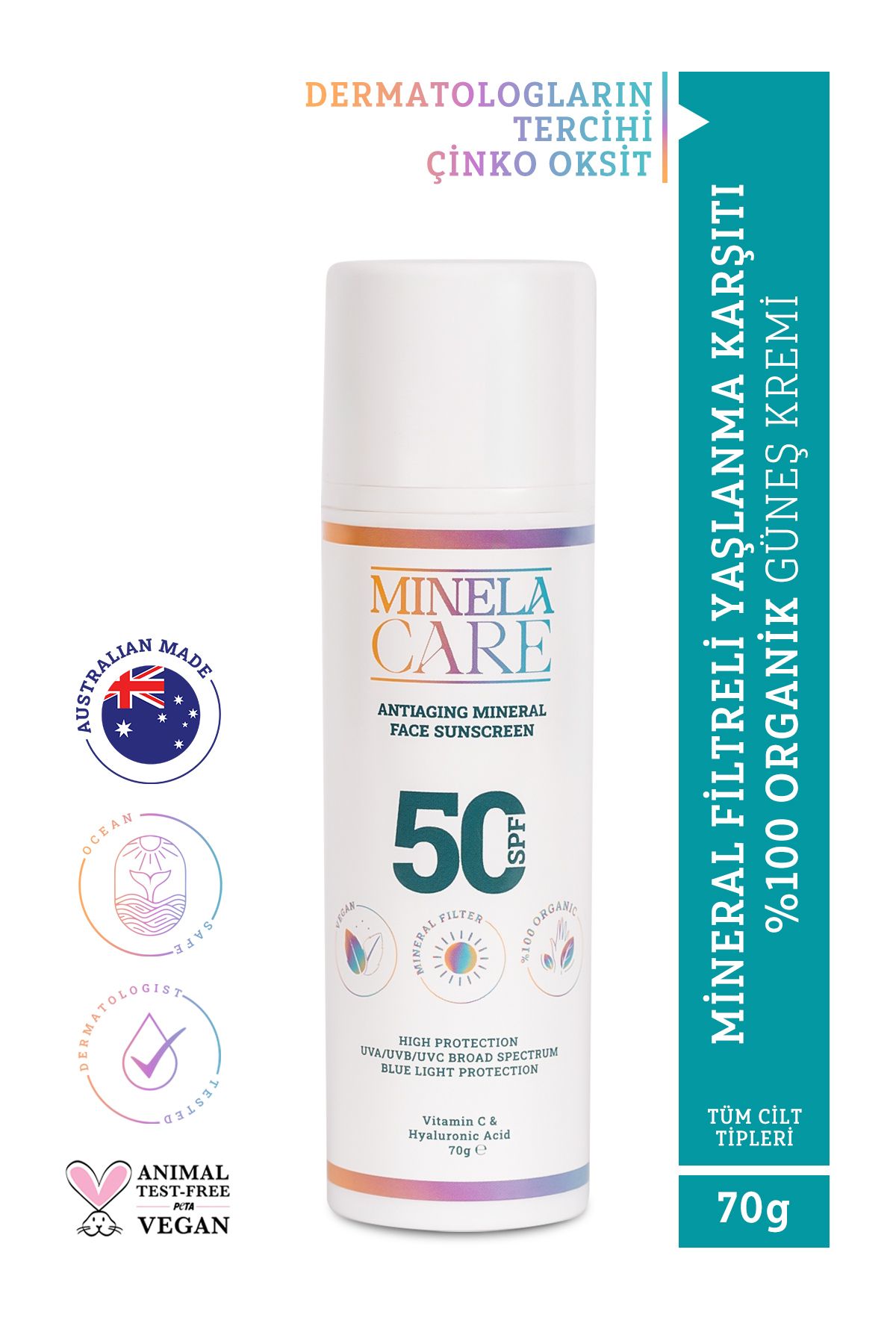 Minela Care Minelacare 100% Organik Mineral Filtreli Yaşlanma Karşıtı C Vitaminli Yüz Güneş Kremi 50spf 70gr