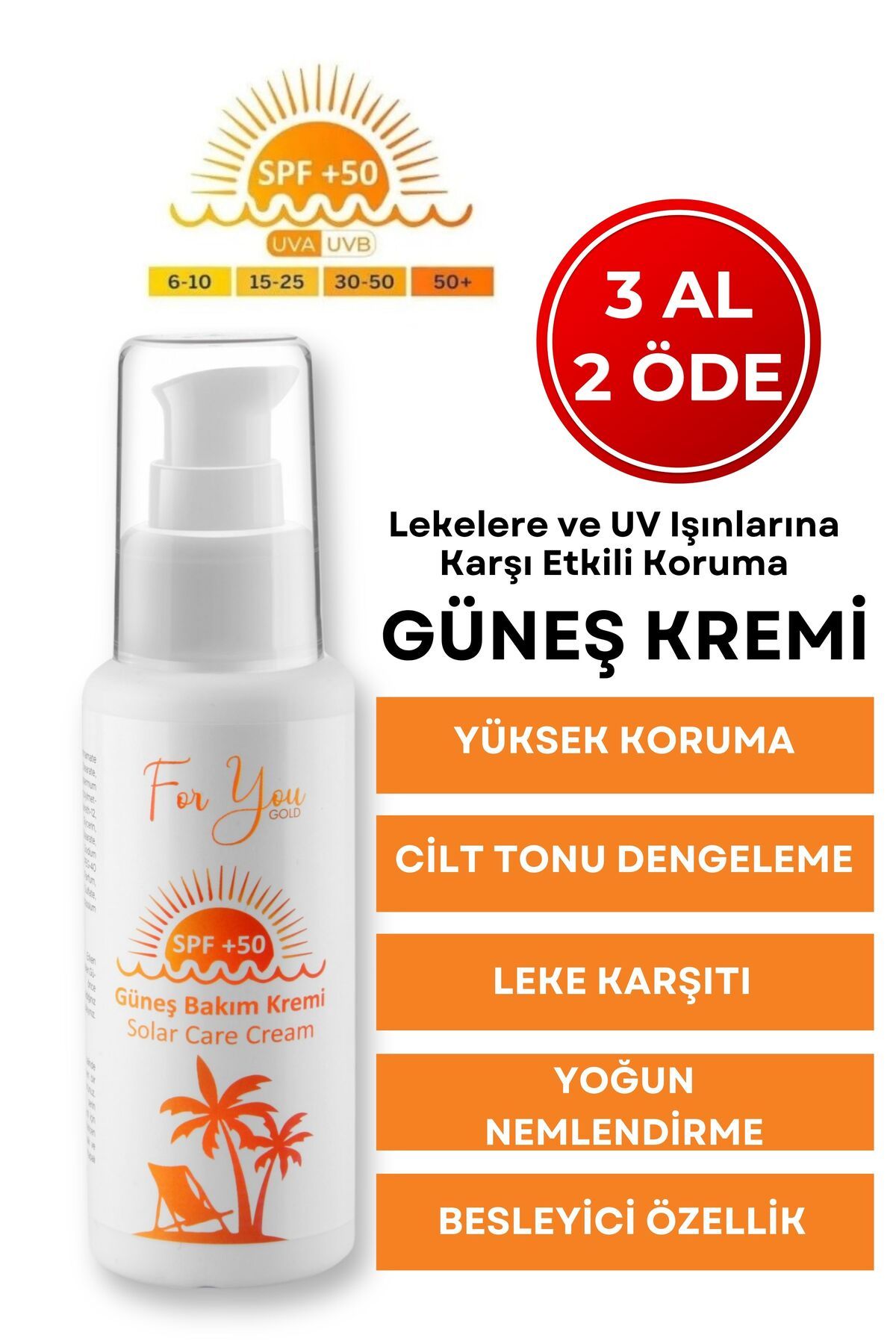 For You Gold Güneş Kremi Leke Karşıtı, Yüksek Korumalı Spf50+ Faktörlü 100 Ml Güneş Kremi