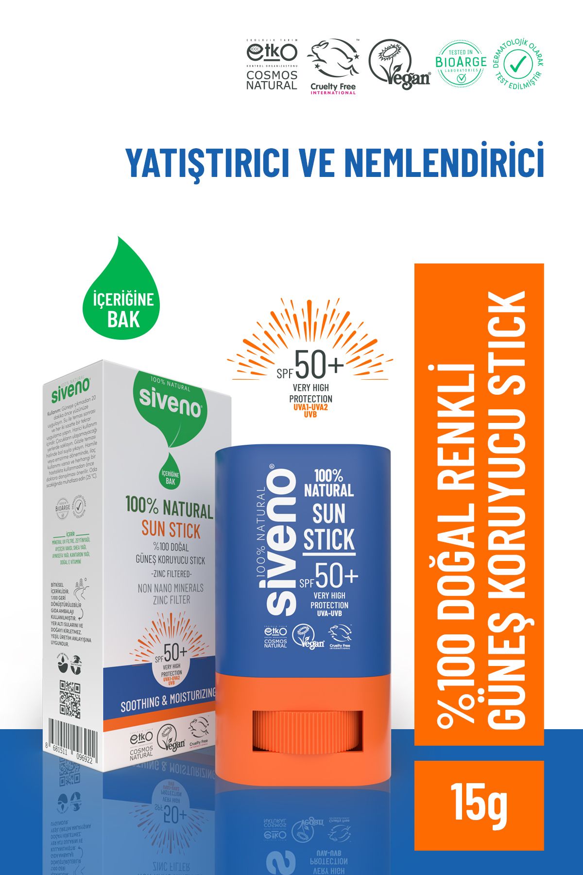 Siveno %100 Doğal Stick Güneş Koruyucu Mineral Filtreli Renkli Ton Eşitleyici Hassas UVA UVB SPF50+ 15 gr