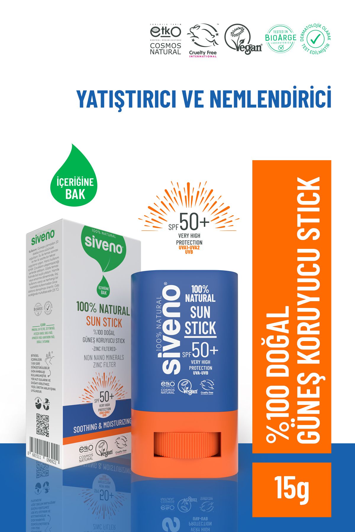 Siveno %100 Doğal Stick Güneş Koruyucu Mineral Filtreli Renkli Ton Eşitleyici Hassas UVA UVB SPF50+ 15 gr - Görsel 2