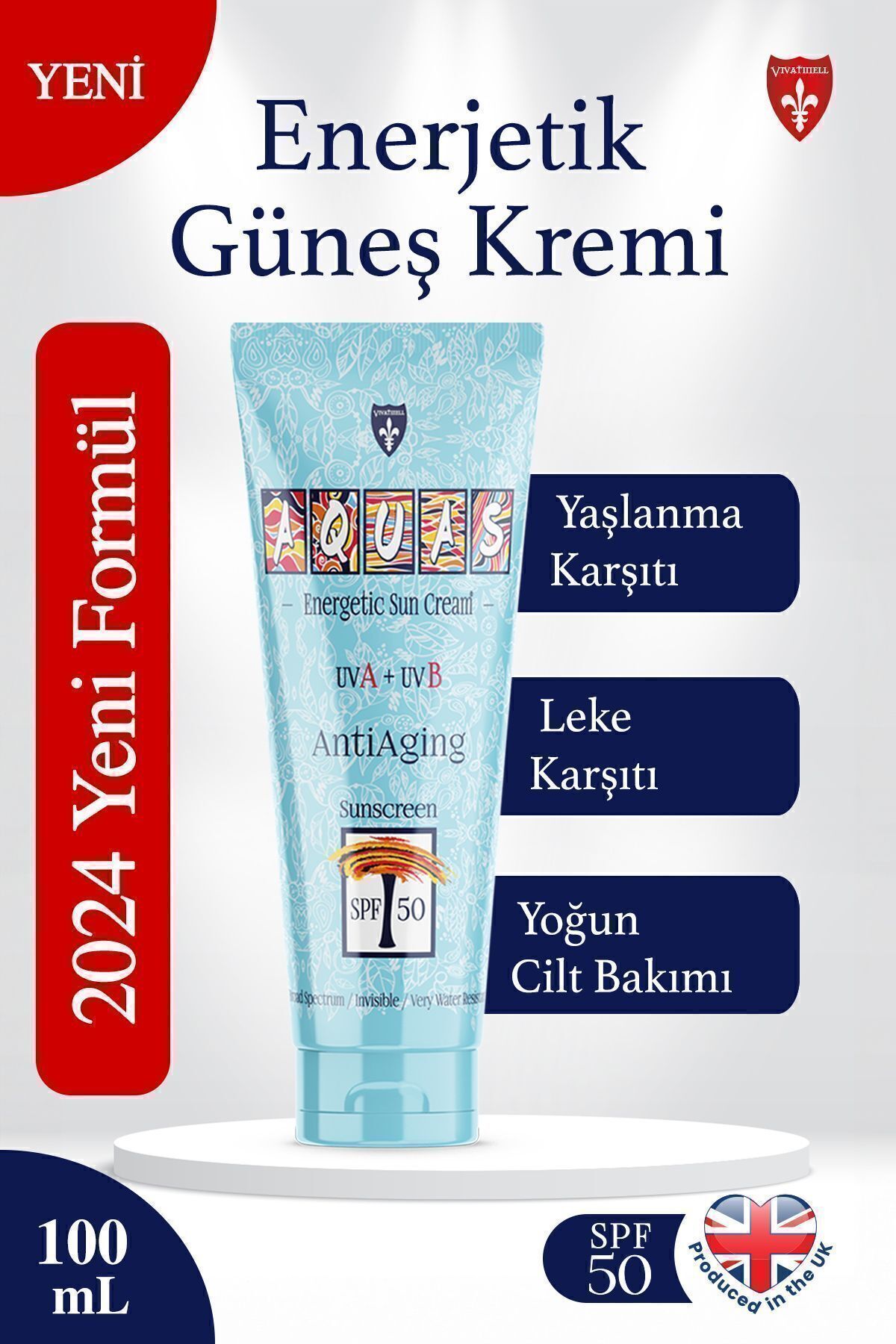Aquas Yaşlanma Karşıtı Enerjetik Güneş Kremi Spf 50 Uva Uvb 100 ml Yeni Formül, Beyaz iz bırakmaz