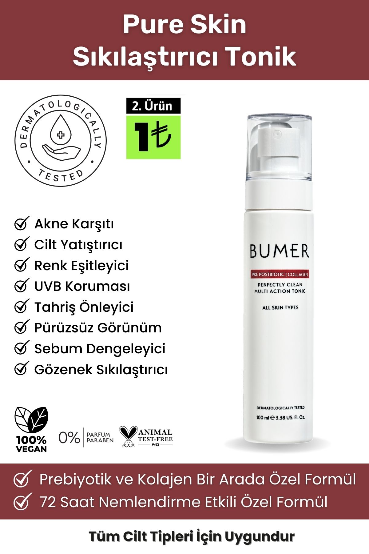 BUMER Pure Skin Gözenek Sıkılaştırıcı Çok Amaçlı Cilt Tonu Eşitleyici Ve Kırışıklık Karşıtı Tonik 100 Ml