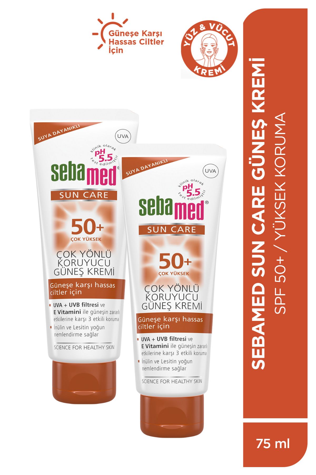 Sebamed Sun Care UVA/UVB Filtresi E Vitamini Üçlü Yüksek Koruma Çok Yönlü Güneş Kremi 50 SPF 75 ml x 2 Adet