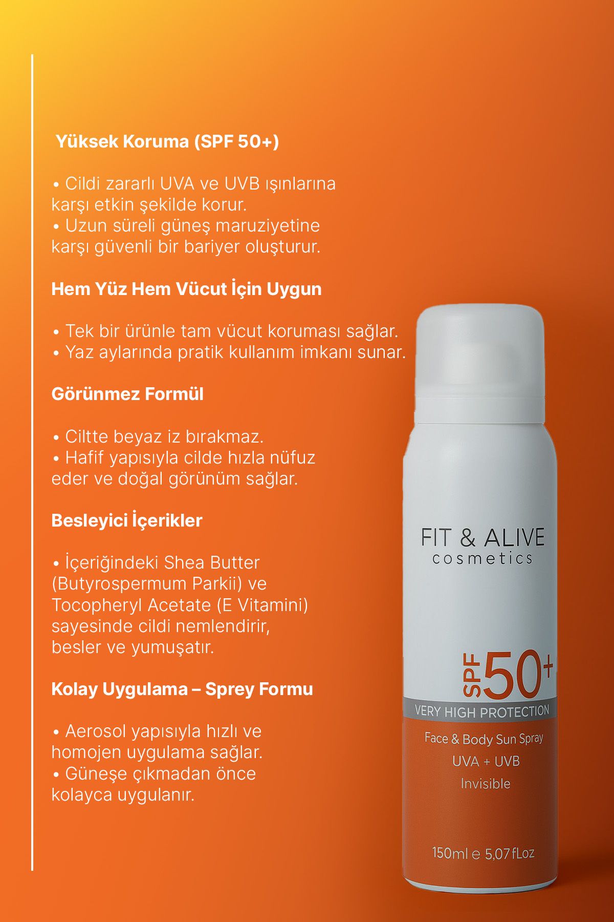 Fit & Alive Fitalive Spf 50 Yüz Ve Vücut Güneş Koruyucu Sprey - Görsel 2