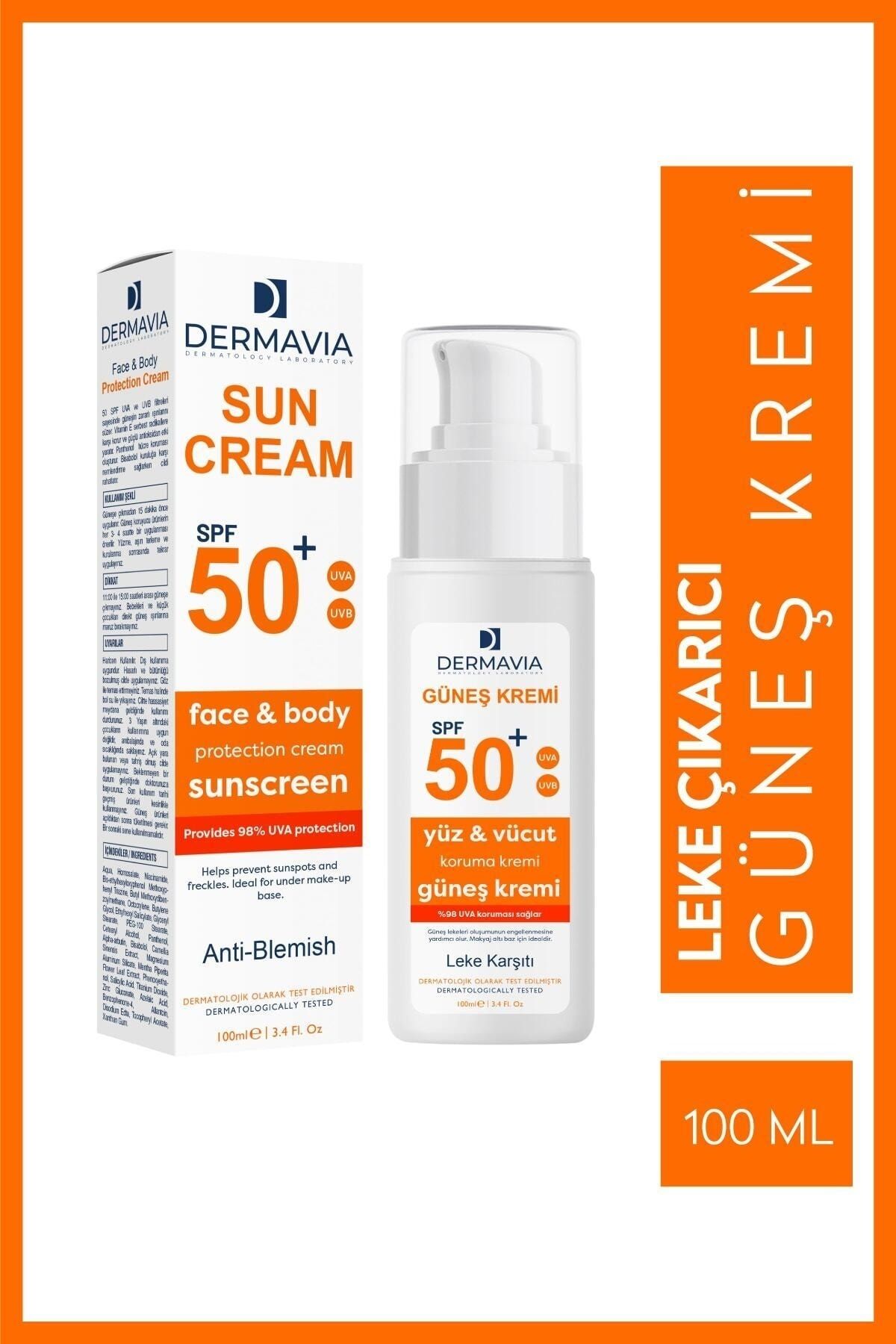 Dermavia Spf 50 Yüz Ve Vücut Koruma Leke Karşıtı Güneş Kremi 100 ml - Suya Dayanıklı Karma Ciltler