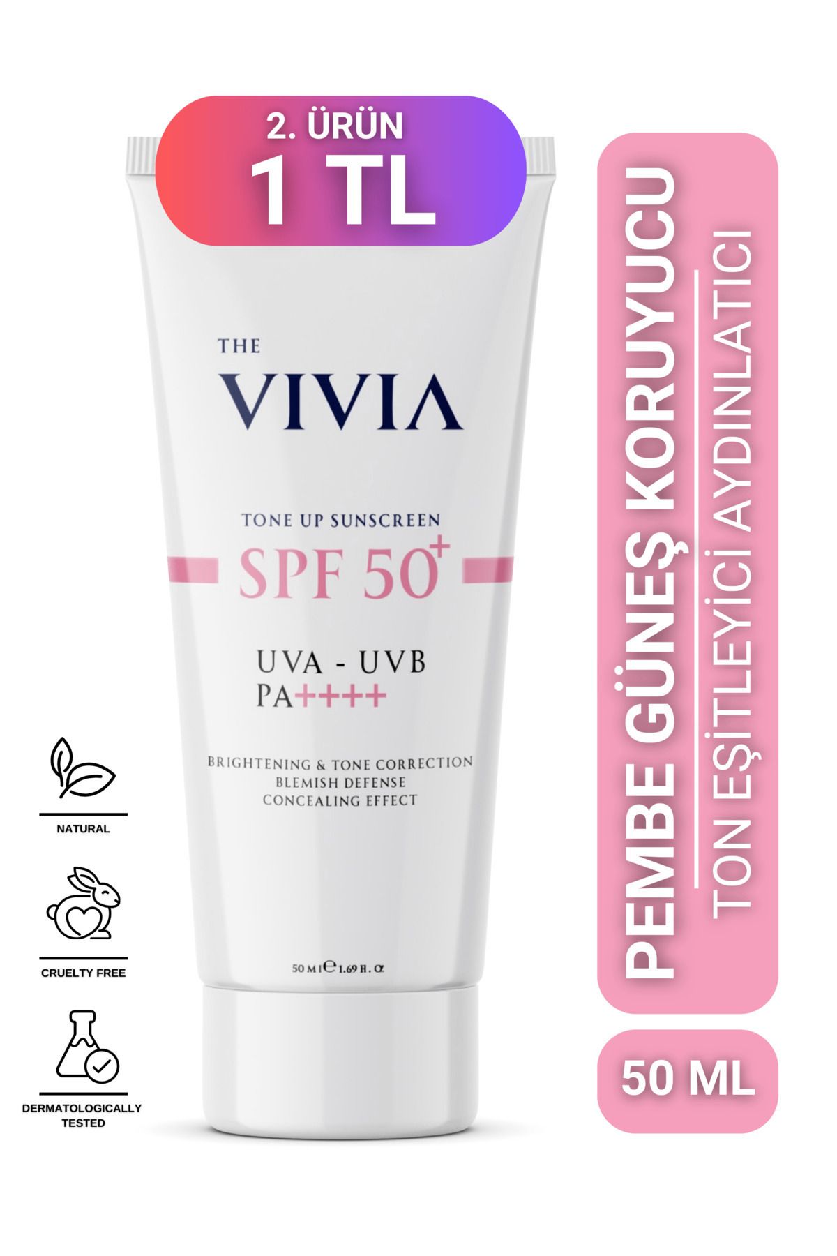 The Vivia Ton Eşitleyici ve Aydınlatıcı, Leke Karşıtı, Yüksek Koruyucu SPF50+ Pembe Renkli Güneş Kremi, 50 ml