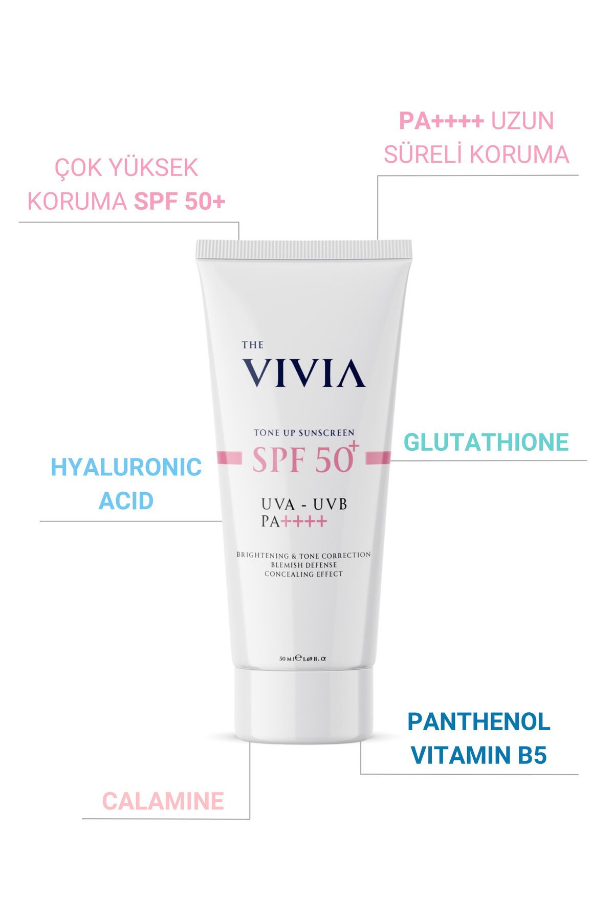 The Vivia Ton Eşitleyici ve Aydınlatıcı, Leke Karşıtı, Yüksek Koruyucu SPF50+ Pembe Renkli Güneş Kremi, 50 ml - Görsel 2