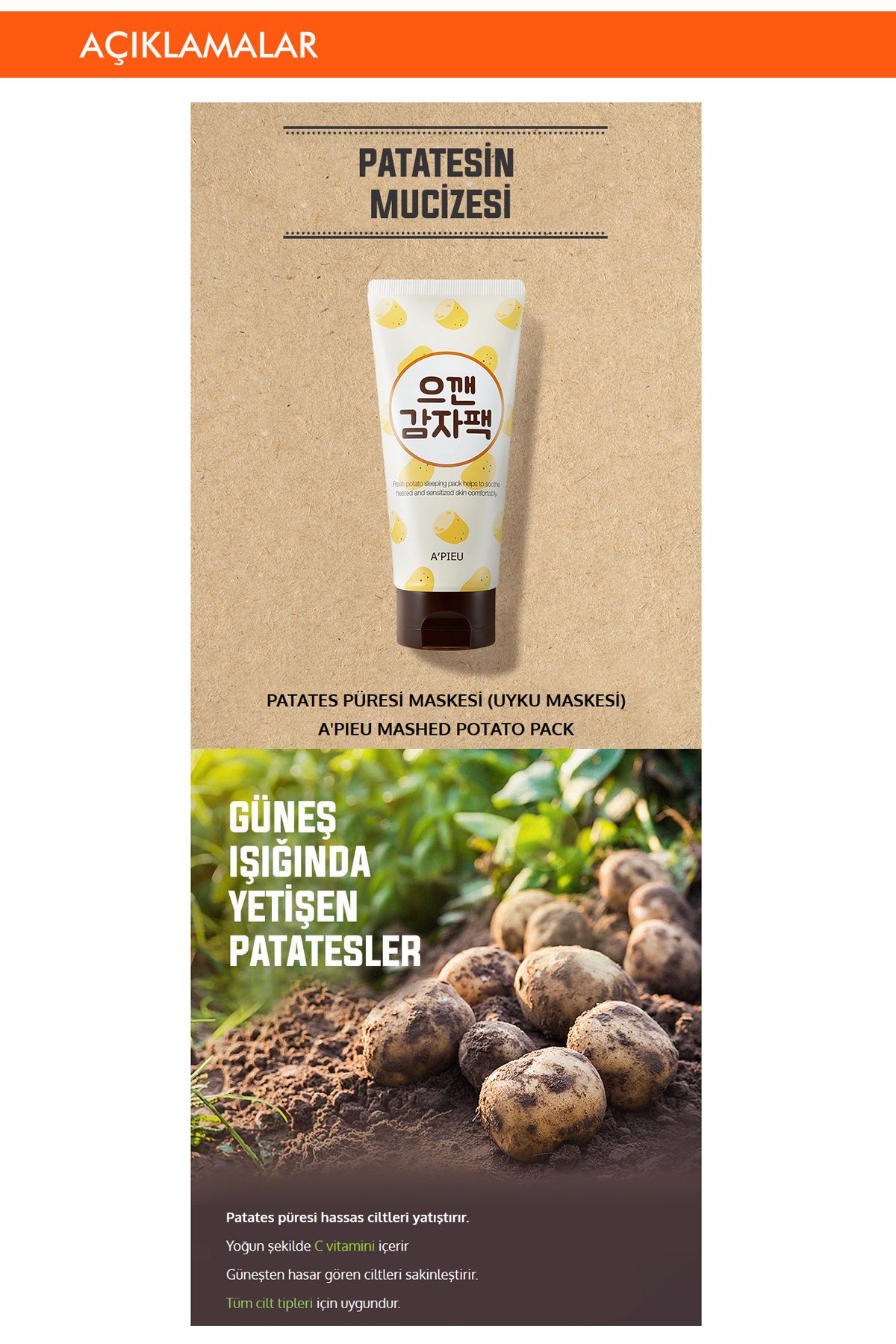 Missha Güneşten Kaynaklı Yıpranmış Ciltler İçin Nemlendirici Uyku Maskesi A'PIEU Mashed Potato Pack - Görsel 2