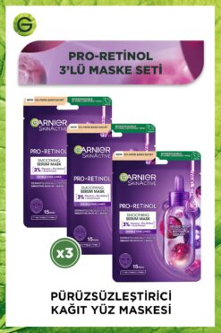 Garnier Pro-Retinol Kağıt Maske, Pürüzsüzleştirici, Gliserin, Açai Özlü 3lü Kağıt Maske