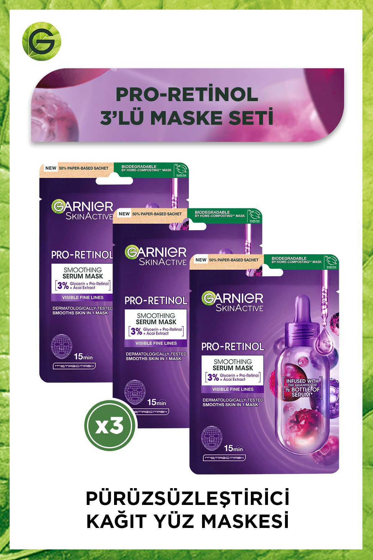 Garnier Pro-Retinol Kağıt Maske, Pürüzsüzleştirici, Gliserin, Açai Özlü 3lü Kağıt Maske