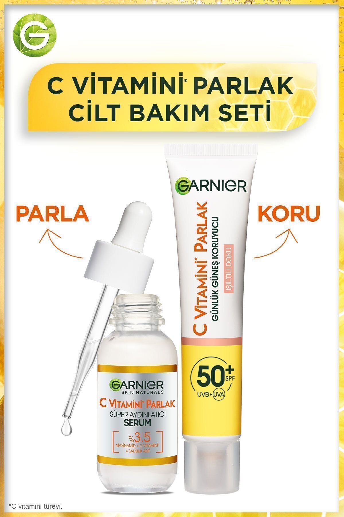 Garnier C Vitamin Serum (Niasinamid + Salisilik Asit) + Işıltılı Doku Güneş Koruyucu Krem 50SPF UV UA