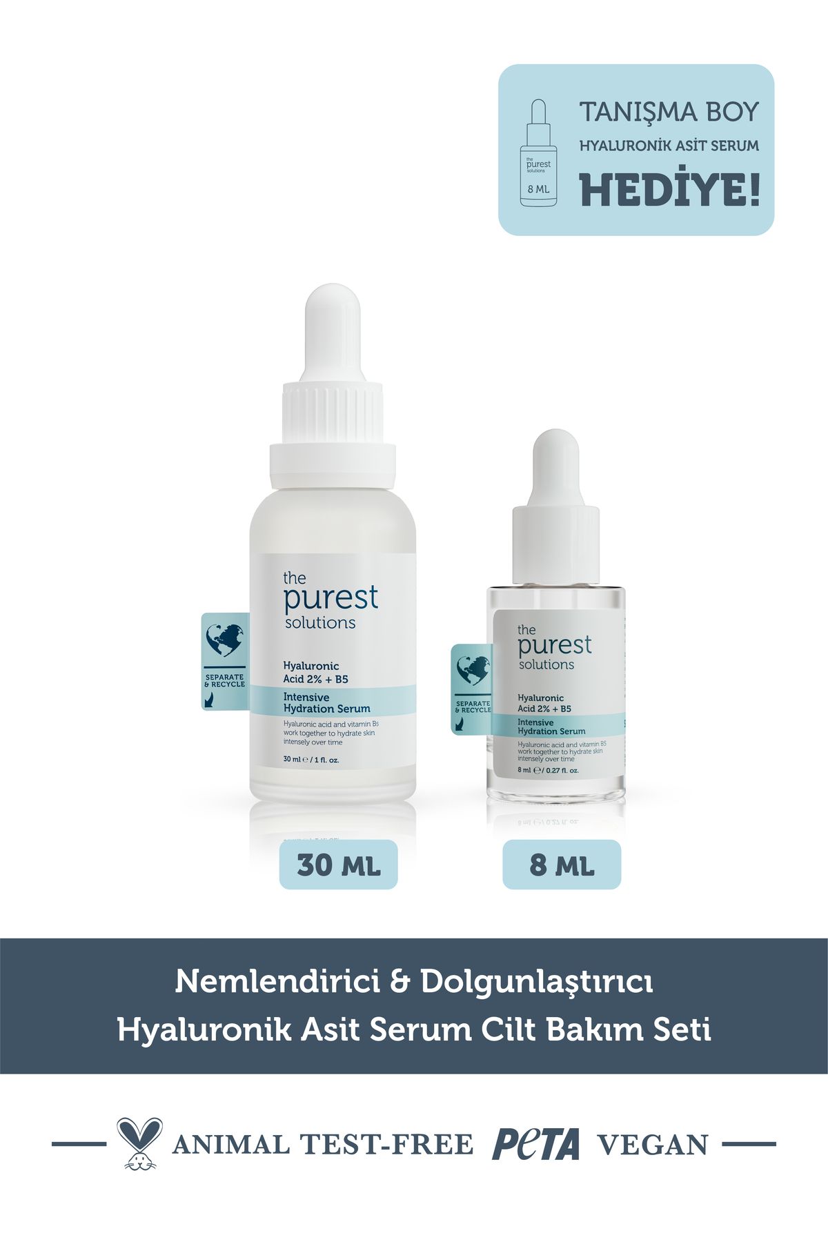 The Purest Solutions Nemlendirici & Dolgunlaştırıcı Hyaluronik Asit Serum Cilt Bakım Seti: 30 ml Serum + 8 ml Tanışma Boy