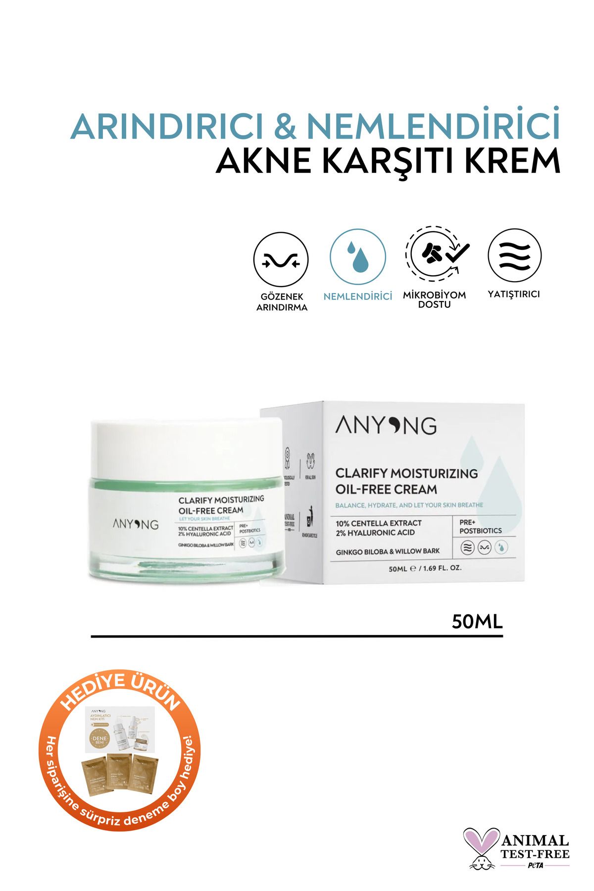 Anyong Sakinleştirici ve Nemlendirici Yağ İçermeyen Krem 50 ml (Centella Özü & Hyalüronik Asit)-Yağlı Cilt