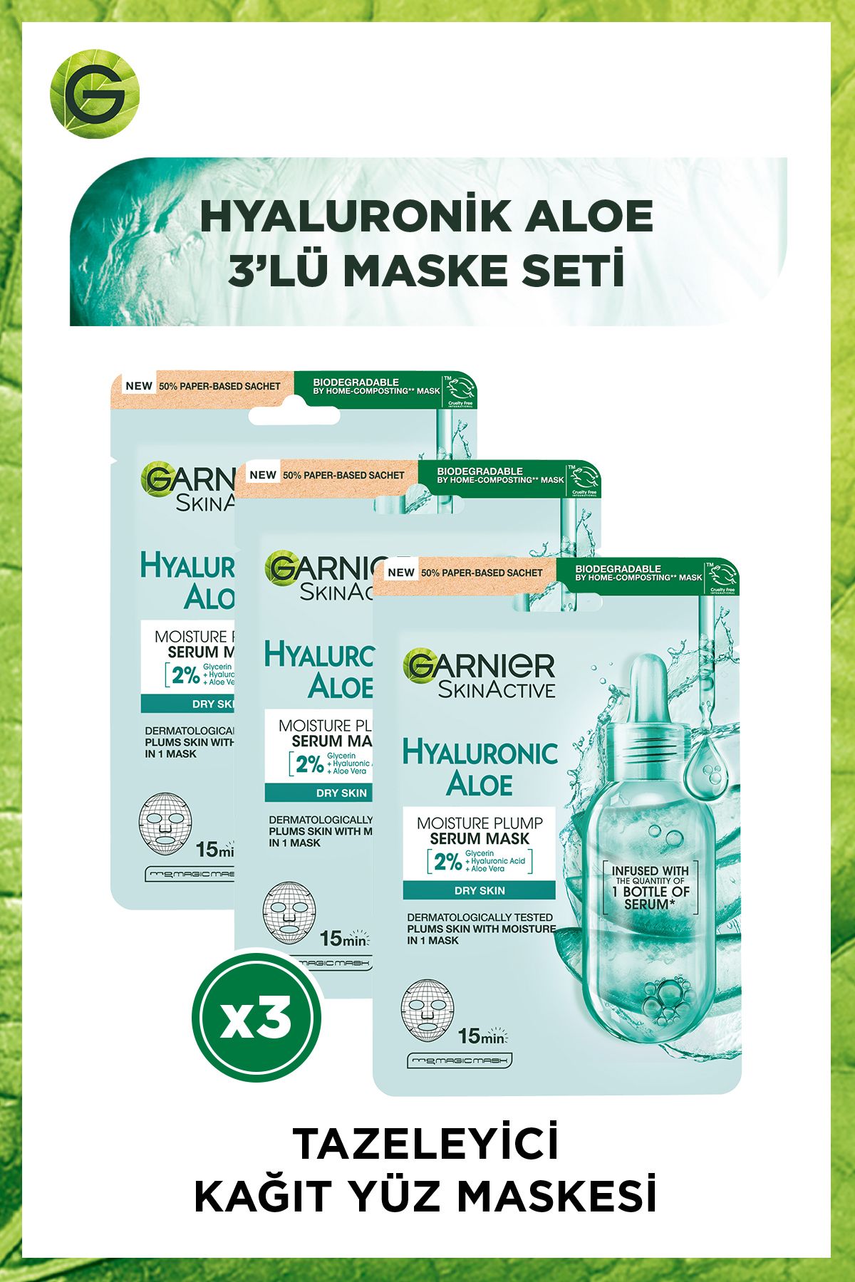Garnier Hyaluronik Aloe Tazeleyici Kağıt Yüz Maskesi 3'lü Set