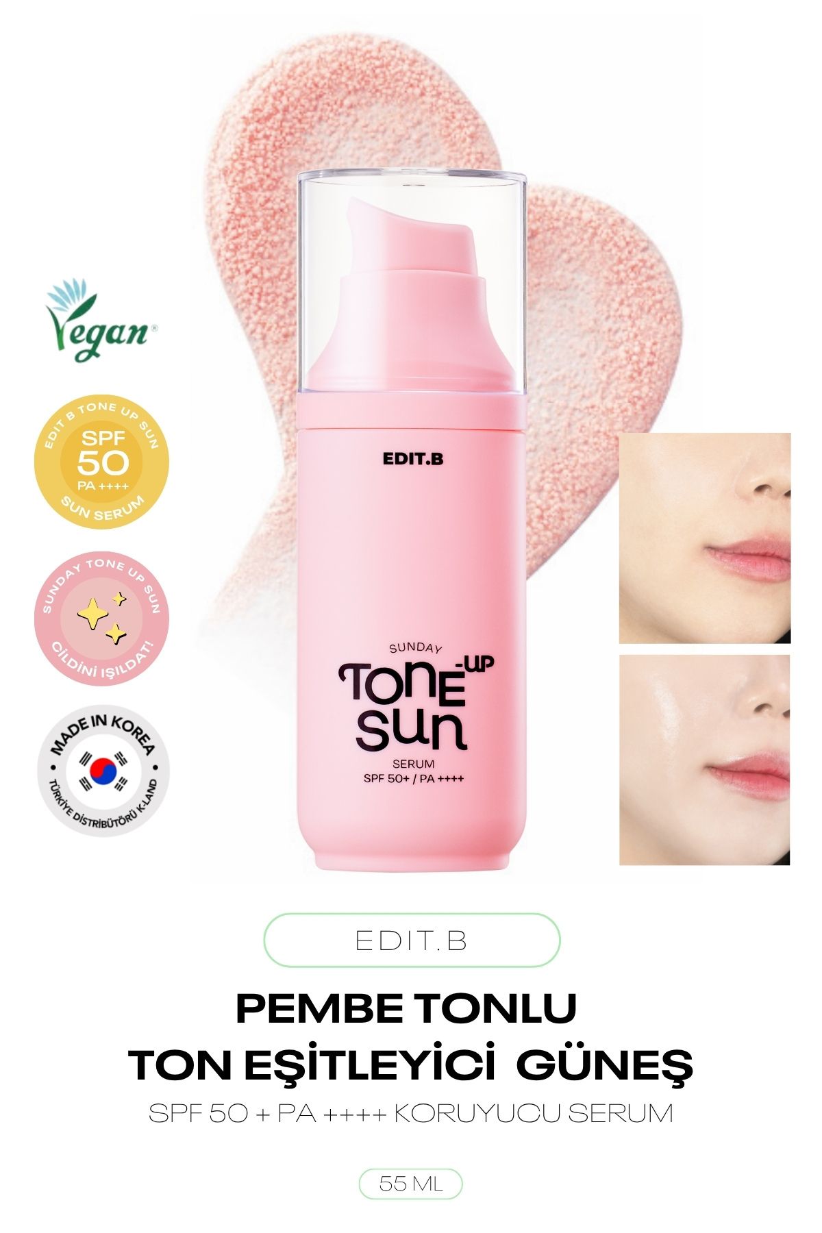 EDITB Ton Eşitleyici Pembe Tonlu Güneş Koruyucu Serum Edit.b Sunday Tone Up Sun Serum Pink 55ml
