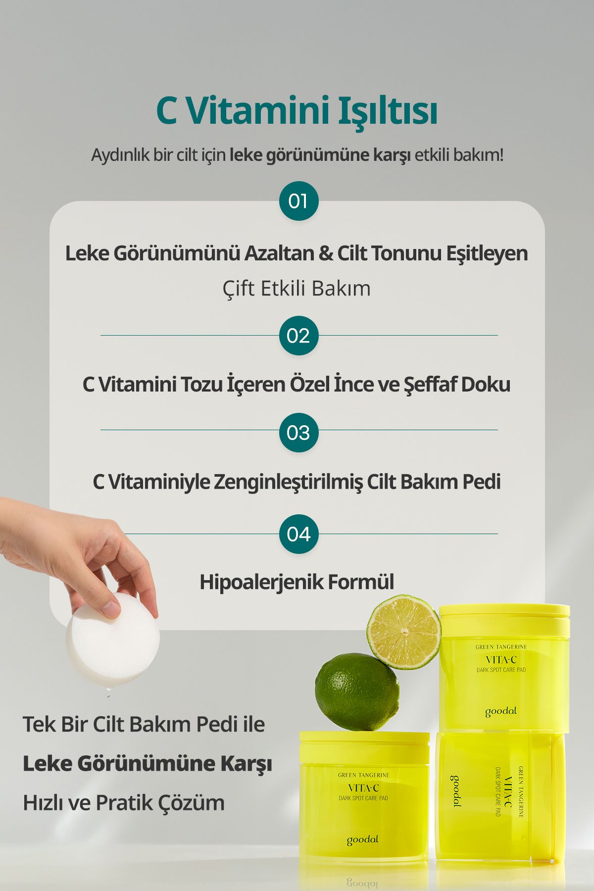 Goodal Yeşil Mandalina Özlü Leke Karşıtı Tonik Ped Green Tangerine Vita C Dark Spot Care Pad 70 Adet - Görsel 2