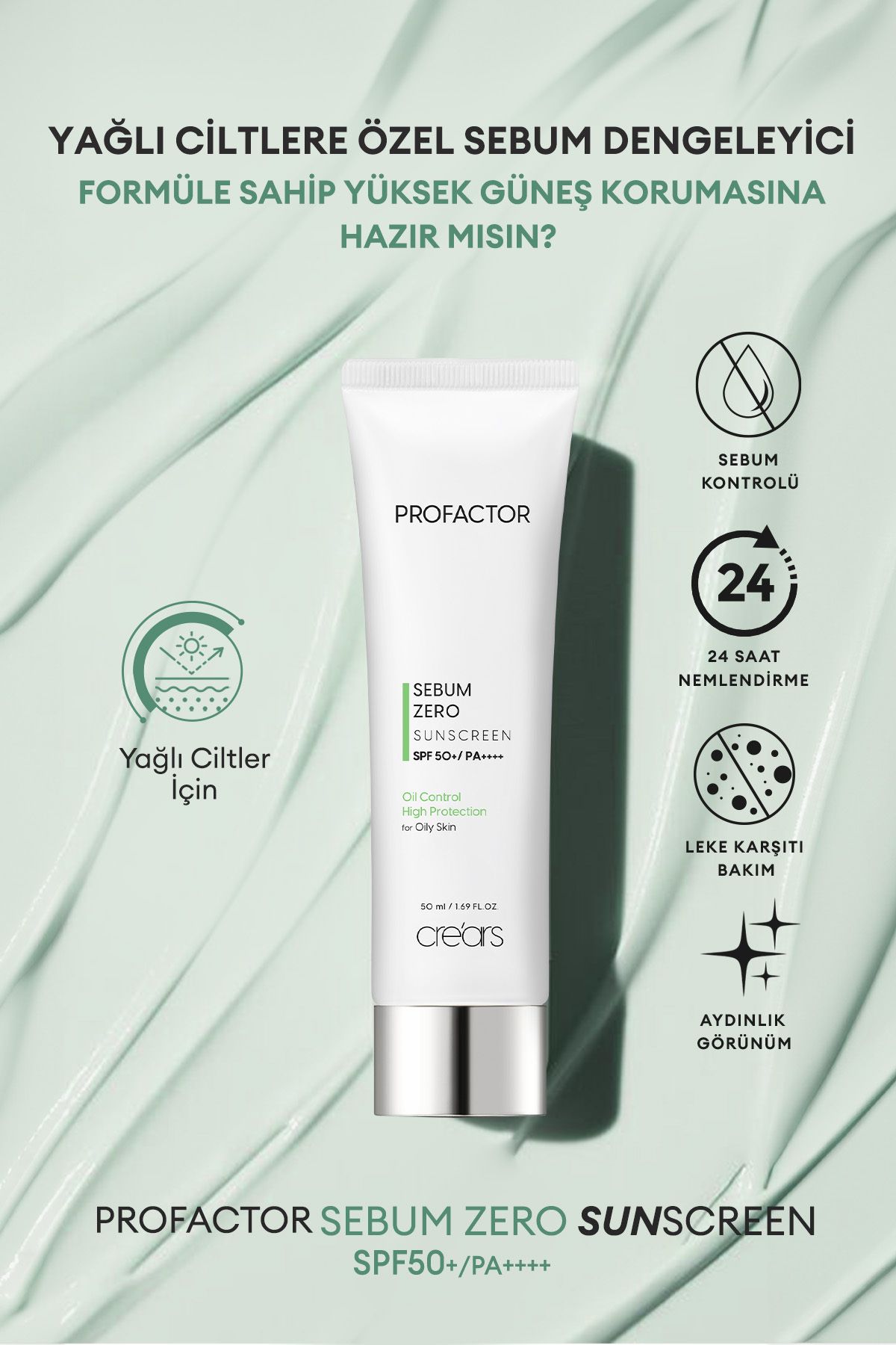 Cre'ars Mat Bitiş Sunan Suya Dayanıklı Güneş Kremi Cre'ars Profactor Sebum Zero Sunscreen SPF50+/PA++++ - Görsel 2
