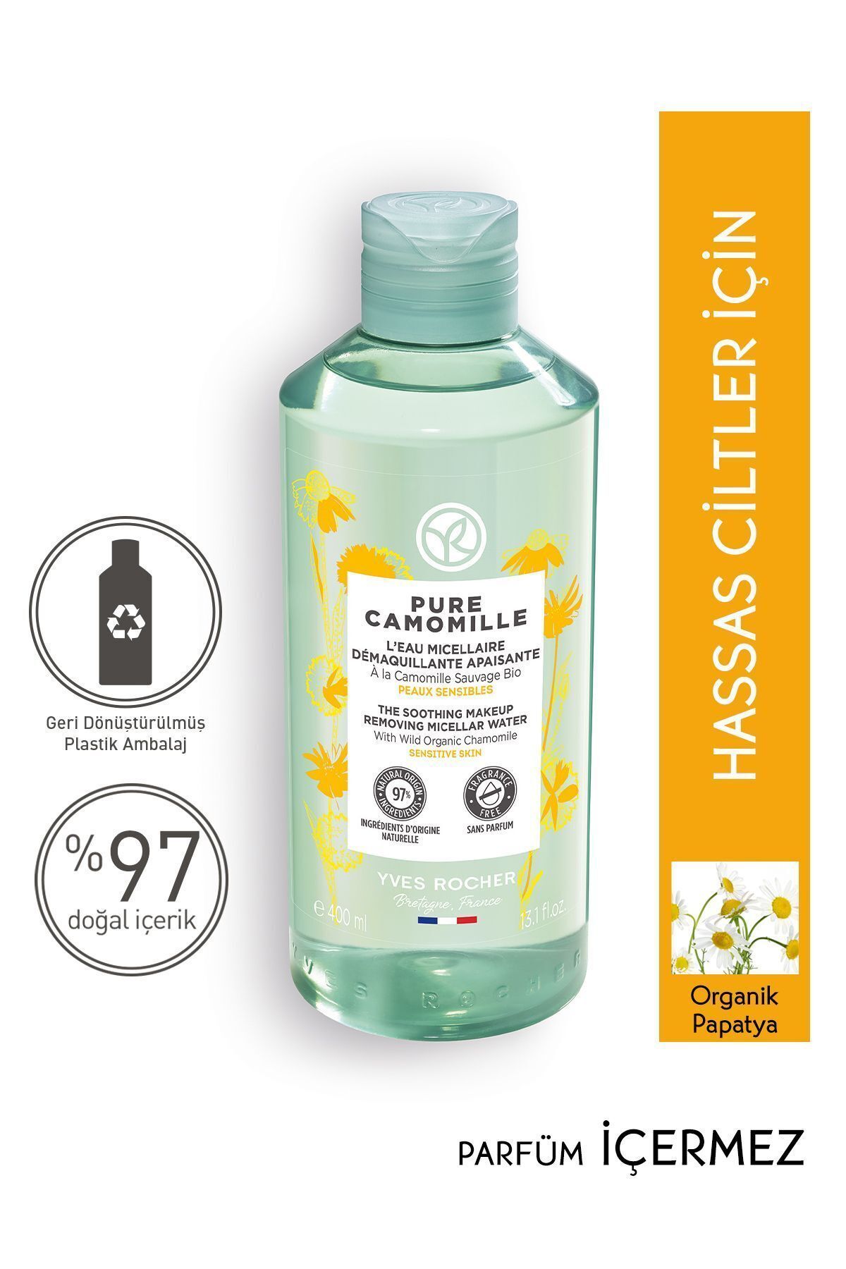 Yves Rocher Hassas Cilt, Yatıştırıcı Organik Papatya, Micellar Makyaj Temizleme Suyu-Pure Camomille-400ml