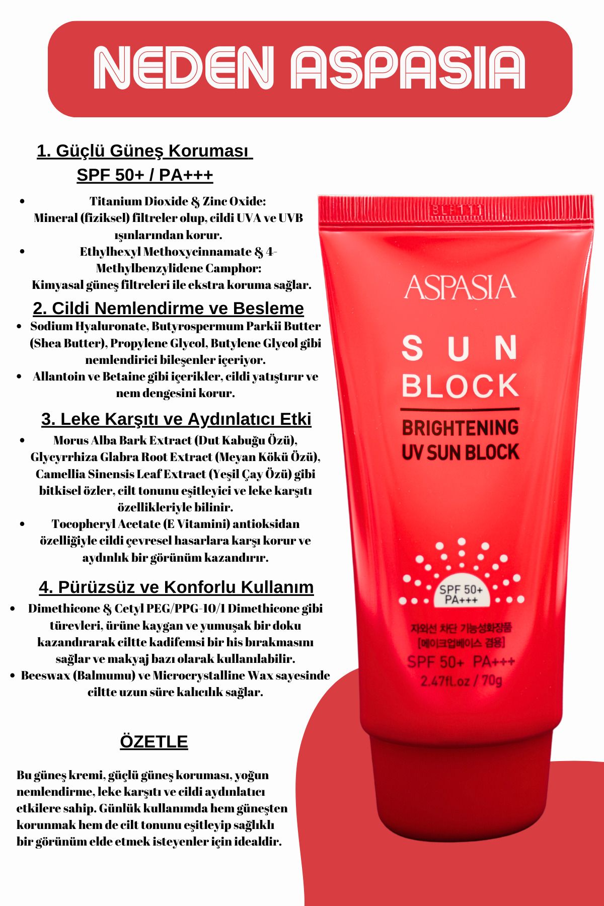 ASPASIA KOREA Cildi Nemlendiren Ve Aydınlık Görünüm Kazandıran Leke Karşıtı Kore Güneş Kremi 70g Spf 50 Ikore - Görsel 2