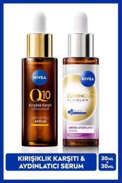 NIVEA Luminous630 Skin Glow Anında Aydınlatıcı Cilt Bakım Serumu 30ml ve Q10 Kırışıklık Karşıtı Serum 30ml