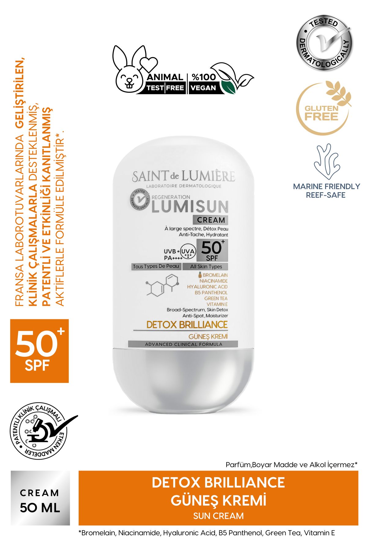 SAINT DE LUMIERE LUMISUN Detox Brilliance SPF 50+, 50 ml Güneş Kremi - Bromelain, Niacinamide, E vitamin, Hyaluronik