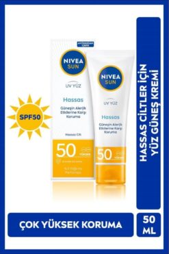 NIVEA SUN SPF50 Hassas Yüz Güneş Bakım Kremi 50ml, Hassas Alerjik Cilt, UVA UVB Güneş Koruma, Nemlendirici