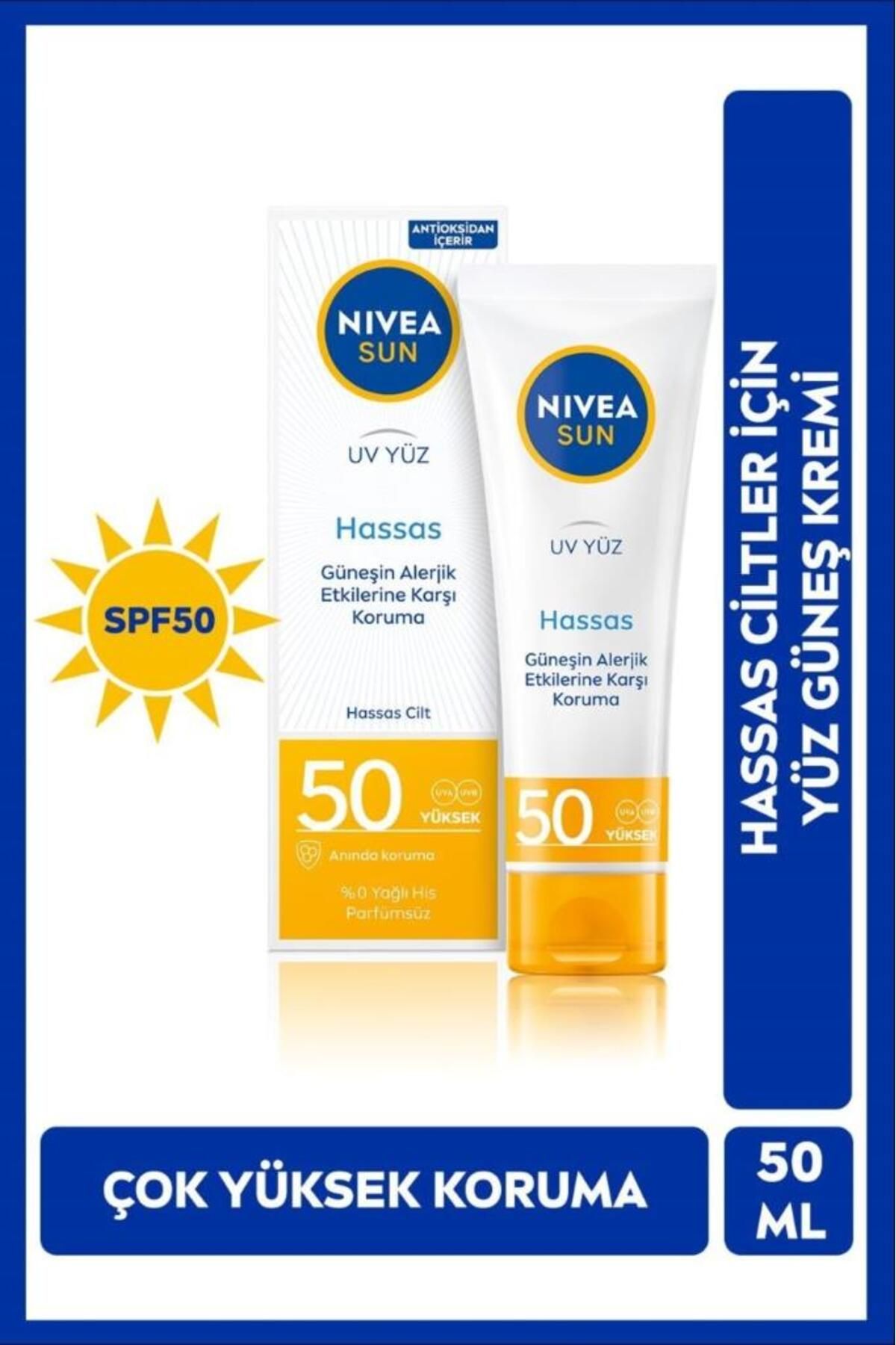 NIVEA SUN SPF50 Hassas Yüz Güneş Bakım Kremi 50ml, Hassas Alerjik Cilt, UVA UVB Güneş Koruma, Nemlendirici