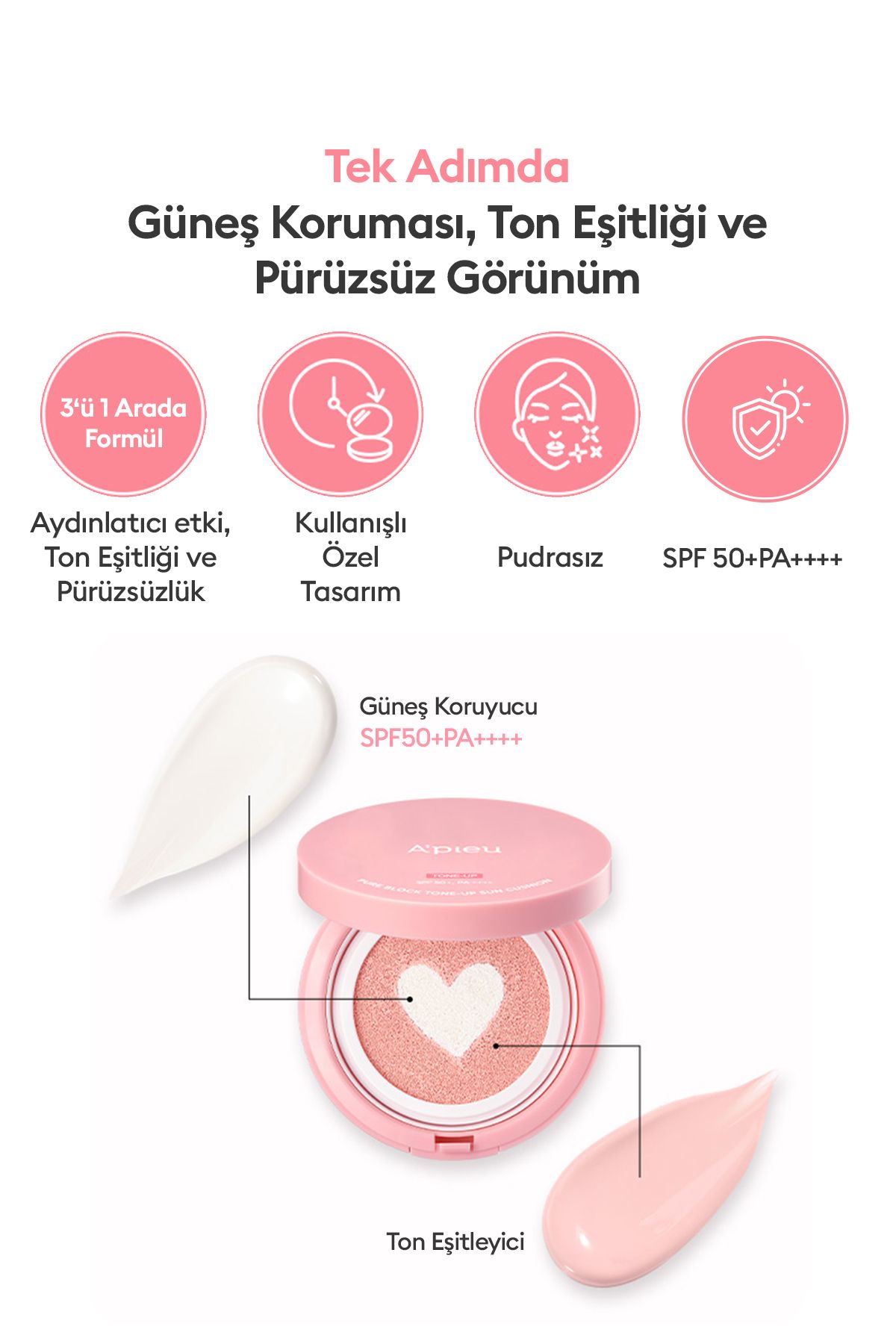 Missha Ton Eşitleyici Pembe Bazlı Güneş Koruyucu Cushion A'PIEU Pure Block Tone-Up Sun Cushion SPF50+PA++++ - Görsel 2