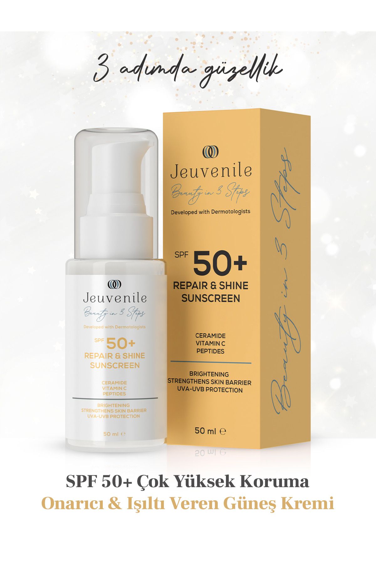 Jeuvenile SPF 50+ Onarıcı & Işıltı Veren Güneş Kremi 50 ml (Ceramide, Vitamin C, Peptides) - Görsel 2