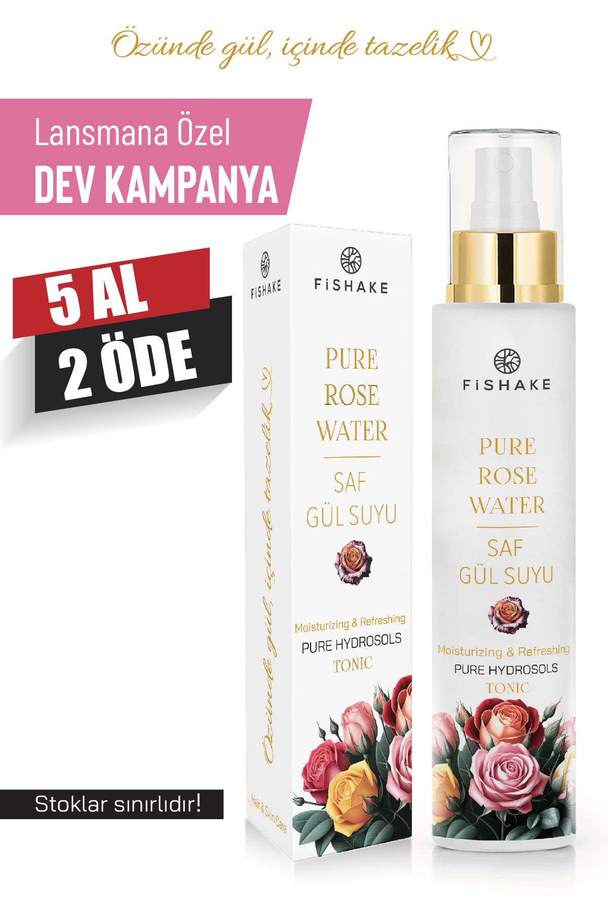 FiShake Gül Mayası %100 Saf Gül Suyu Gözenek Sıkılaştırıcı Aydınlatıcı ve Arındırıcı Tonik 100 Ml