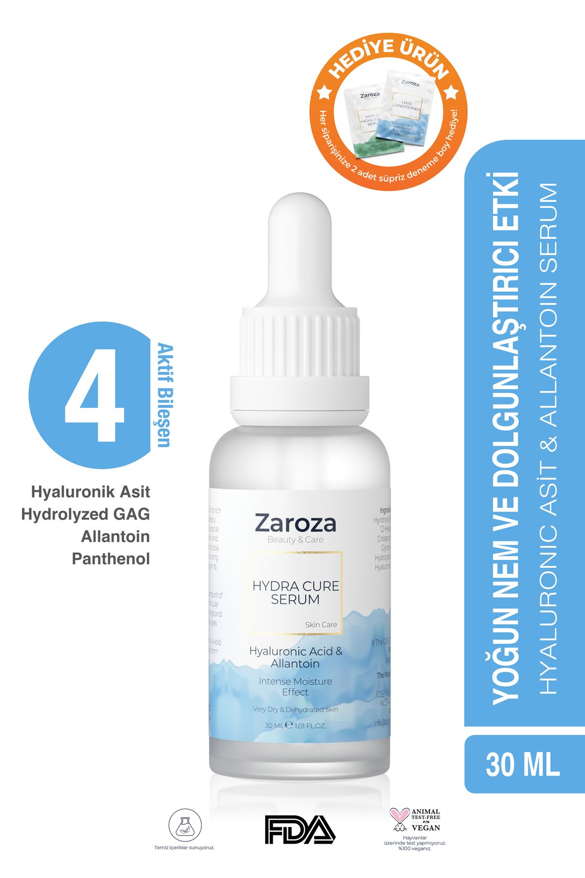 ZAROZA Yoğun Nemlendirici Serum (HYALURONİC SERUM & ALLANTOİN) - Hydra Cure Serum - 30 ml