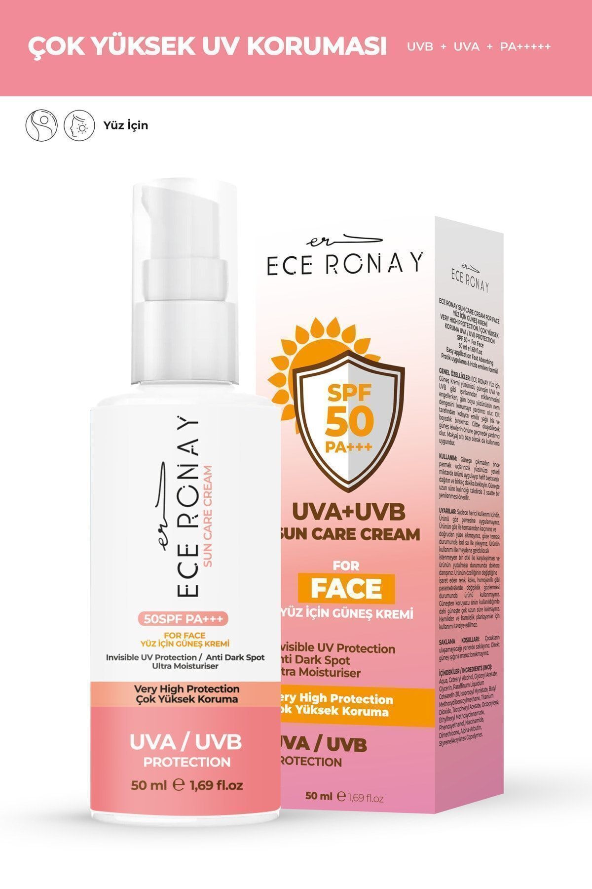 Ece Ronay Spf 50+ Tüm Ciltler İçin Yüksek Korumalı Nemlendirici Yüz Güneş Kremi 50 ML - Görsel 2