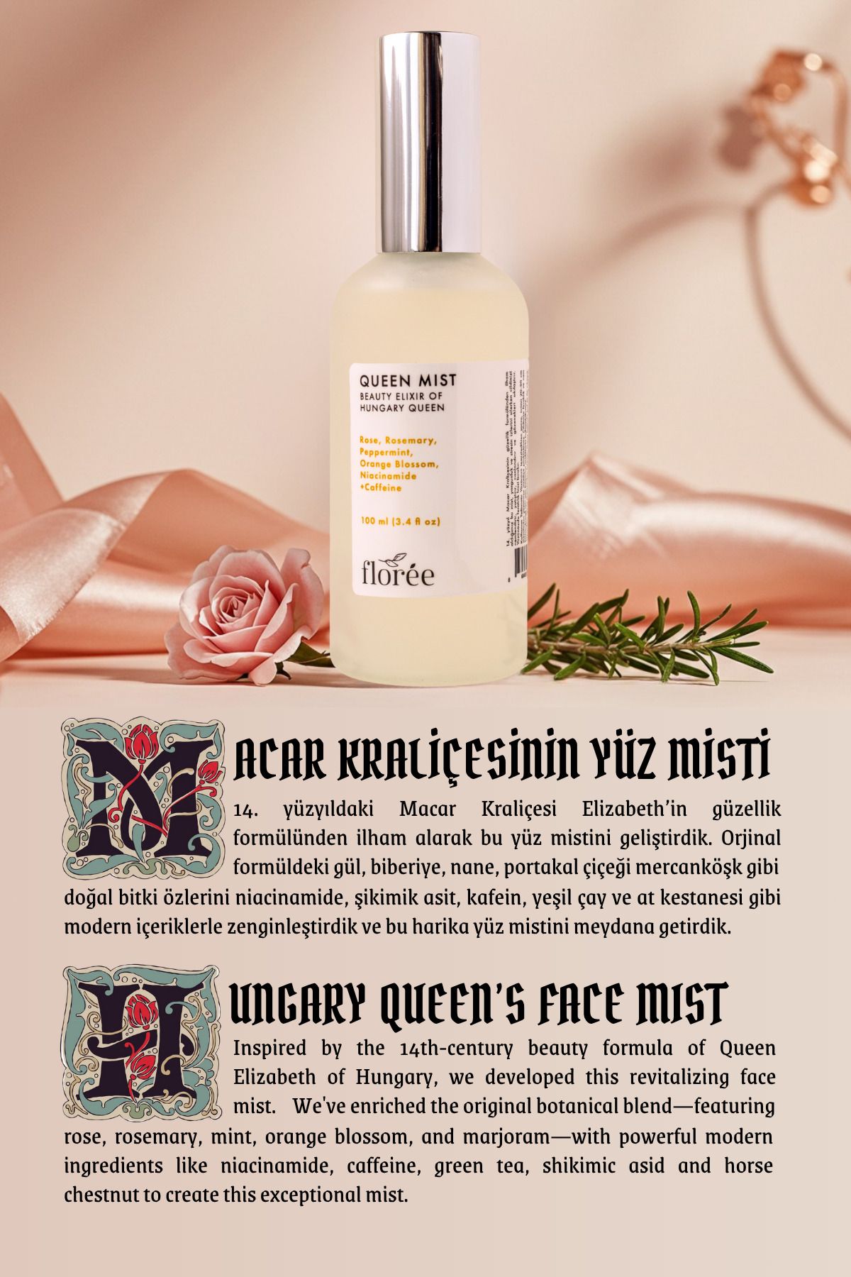 Floree Organics Queen Mist - Macar Kraliçesinin Yüz Misti, Gül Biberiye Ve Portakal Çiçeği Özlü - Görsel 2