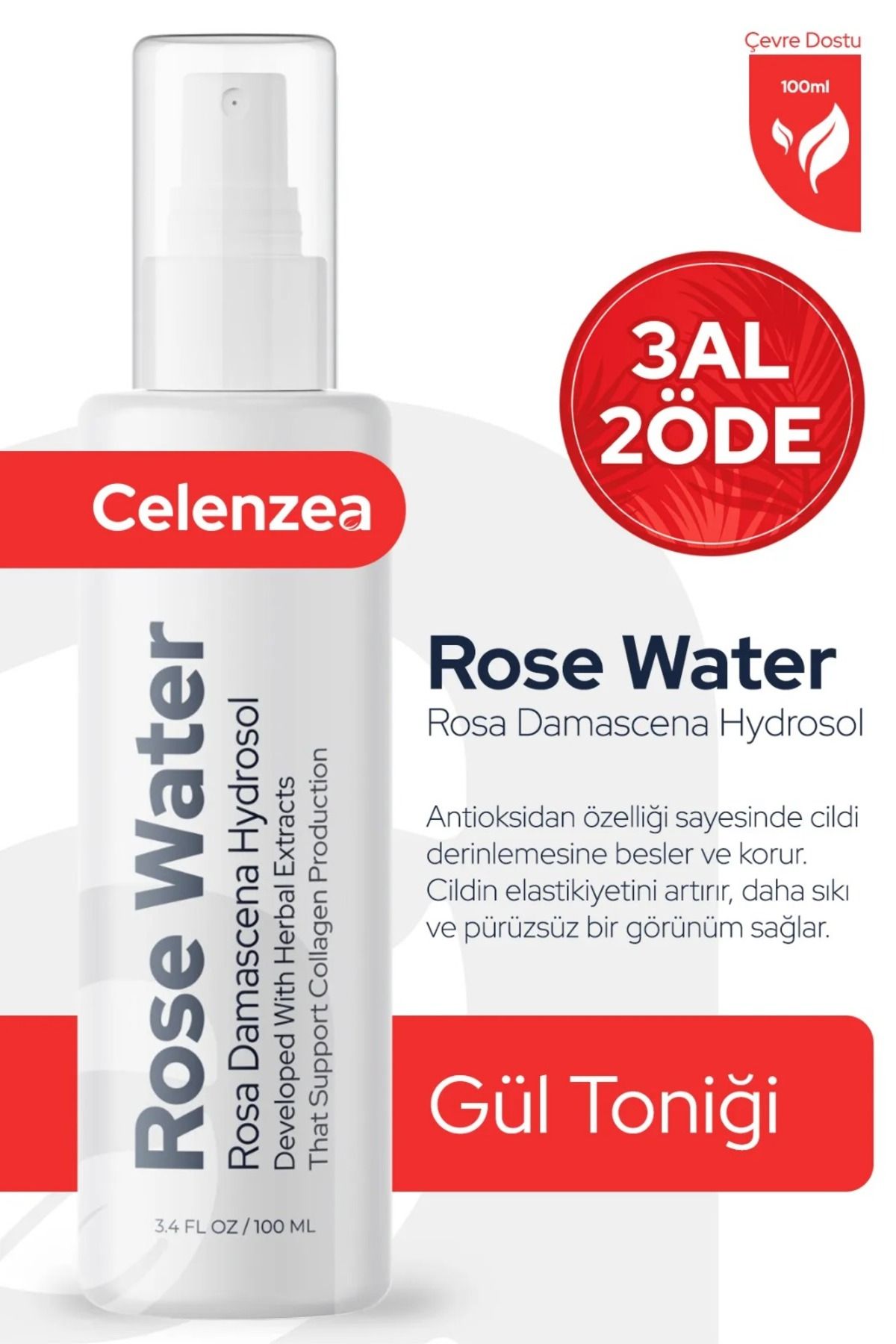 Celenzea Gül Mayası Suyu Aydınlatıcı Ve Gözenek Sıkılaştırıcı Tonik %100 Tam Saf Doğal Yağlı 100ml