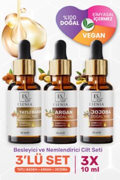 ESENIA Tatlı Badem Argan Jojoba Yağı %100 Saf ve Doğal Damlalık Kapak Katkısız Bitkisel Uçucu Yağ 10ml