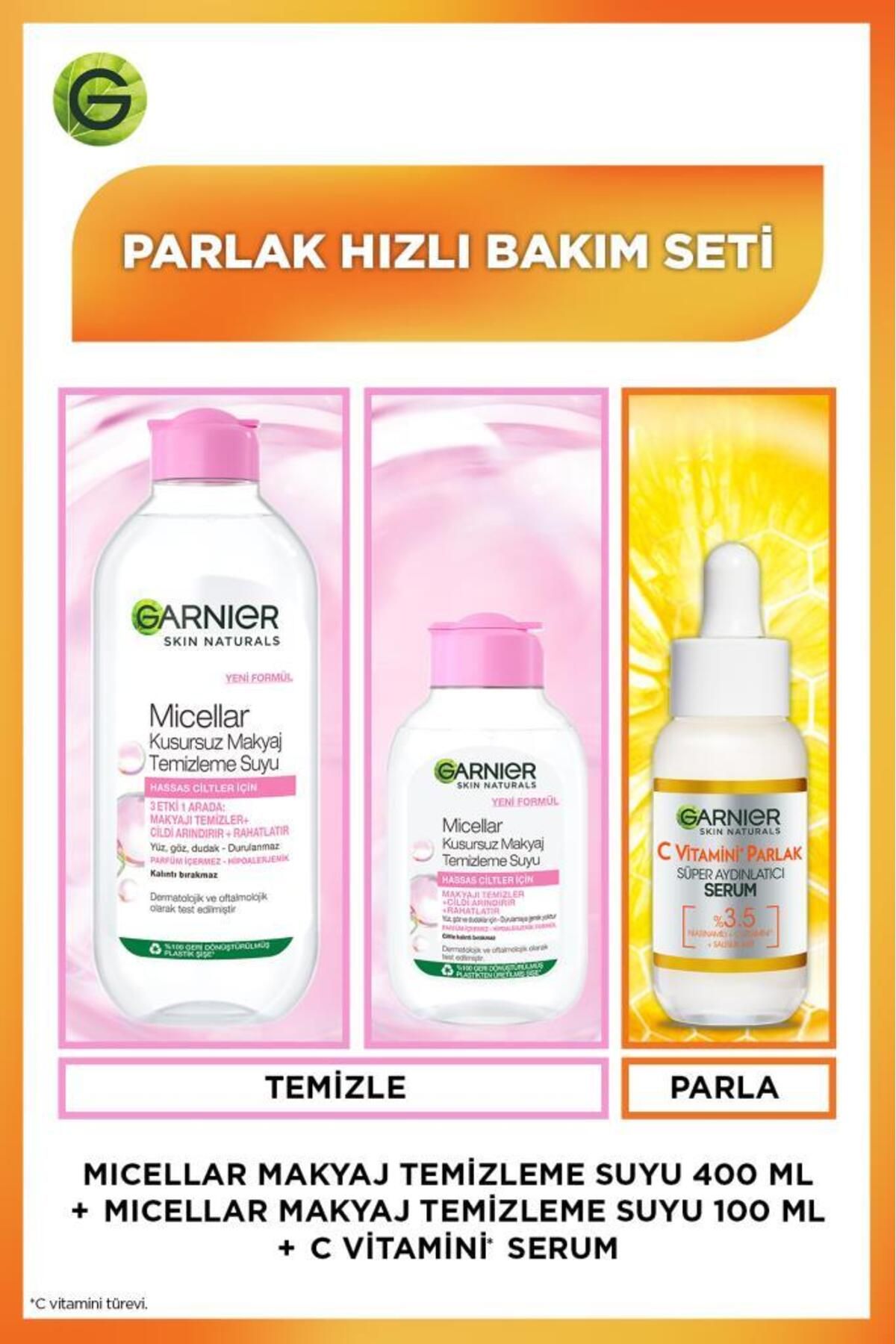 Garnier Parlak Bakım Seti - C Vitamini Serum & 100 ml Micellar & 400 ml Micellar