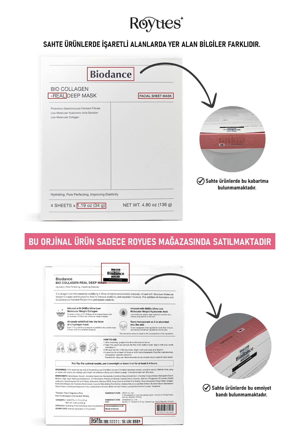 Royues Biodance Bio Collagen Mask, Nemlendirici Yüz Maskesi, Cam Cilt Kore Maskesi,Made in KOREA (4 Adet) - Görsel 2