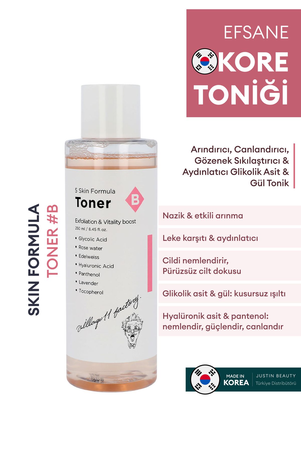 Village 11 Factory B Skin Formula Toner - Arındırıcı, Canlandırıcı Ve Sıkılaştırıcı Gül & Glikolik Asit Tonik 250ml