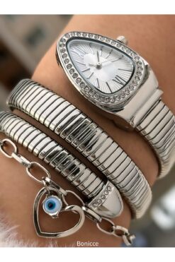 Bonicce Kutusunda Kalından İnceye Doğru Taşlı Gümüş Kordon, Beyaz Kadran, Yılan Saat+Kalpli Bileklik