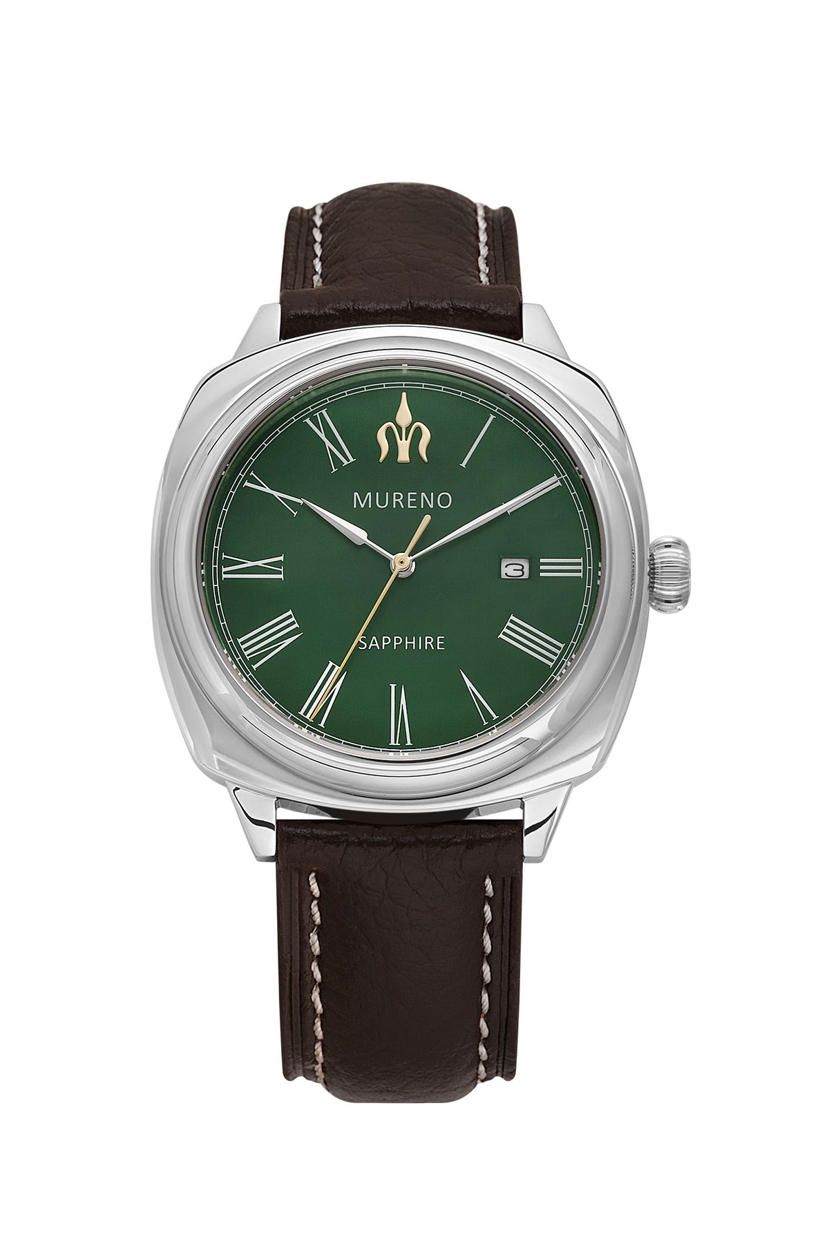 MURENO Safir Cam/10 Atm Su Geçirmez /paslanmaz Çelik (316L) / Yeşil /hakiki Deri Klasik Erkek Kol Saati V1