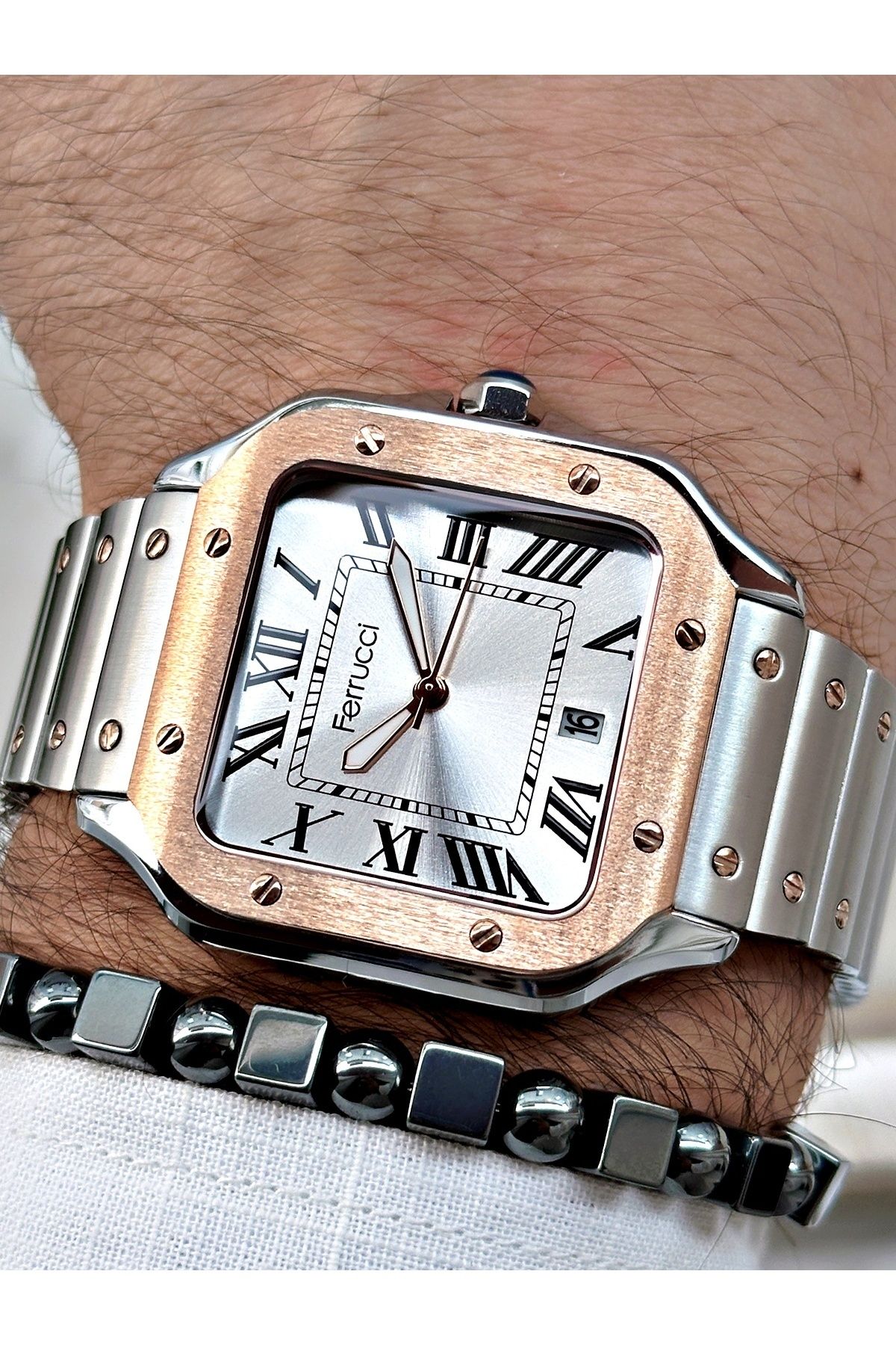 Ferrucci Kare Santos Model Takvimli Erkek Kol Saati Gri Renk