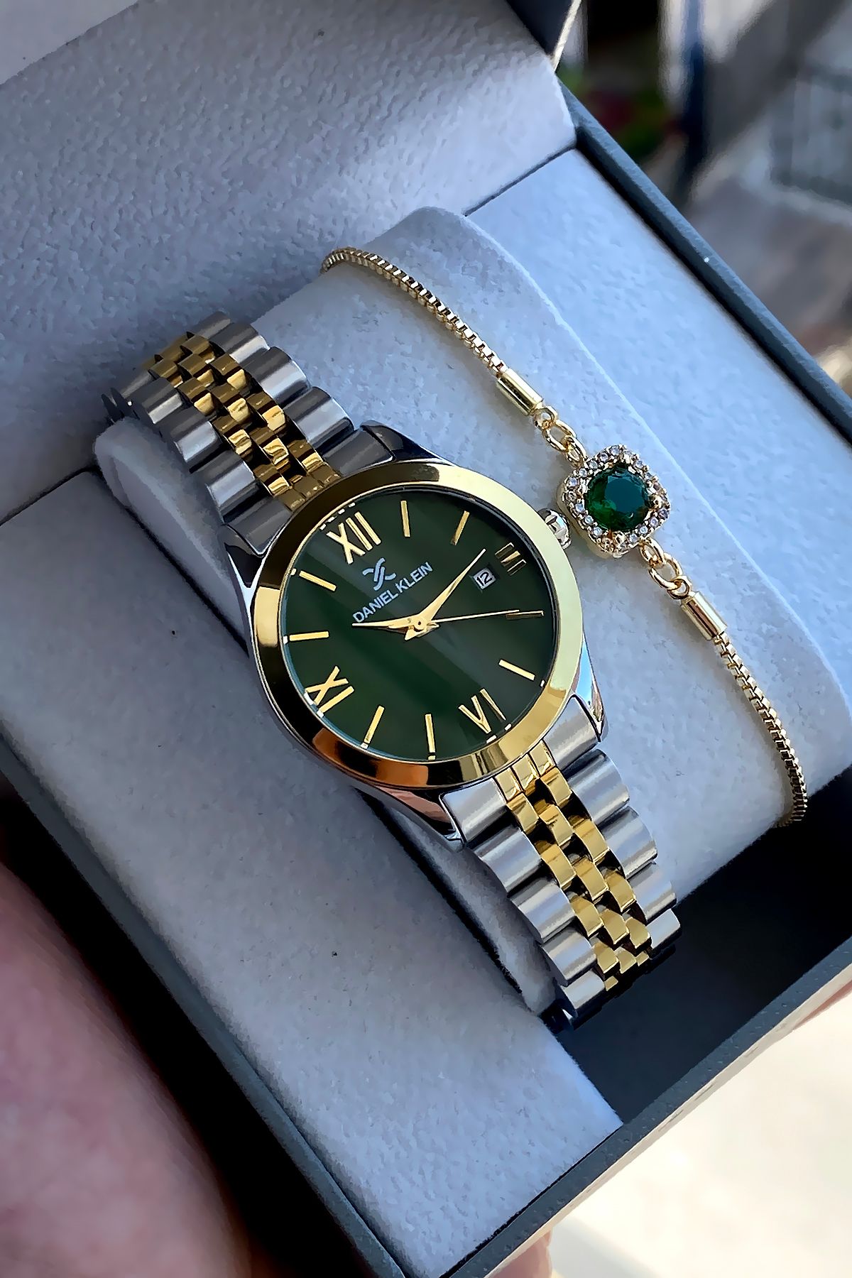 Daniel Klein %100 Orijinal Altın Gümüş Kordon Yeşil Kadran Kadın Kol Saati Bileklik Hediyeli