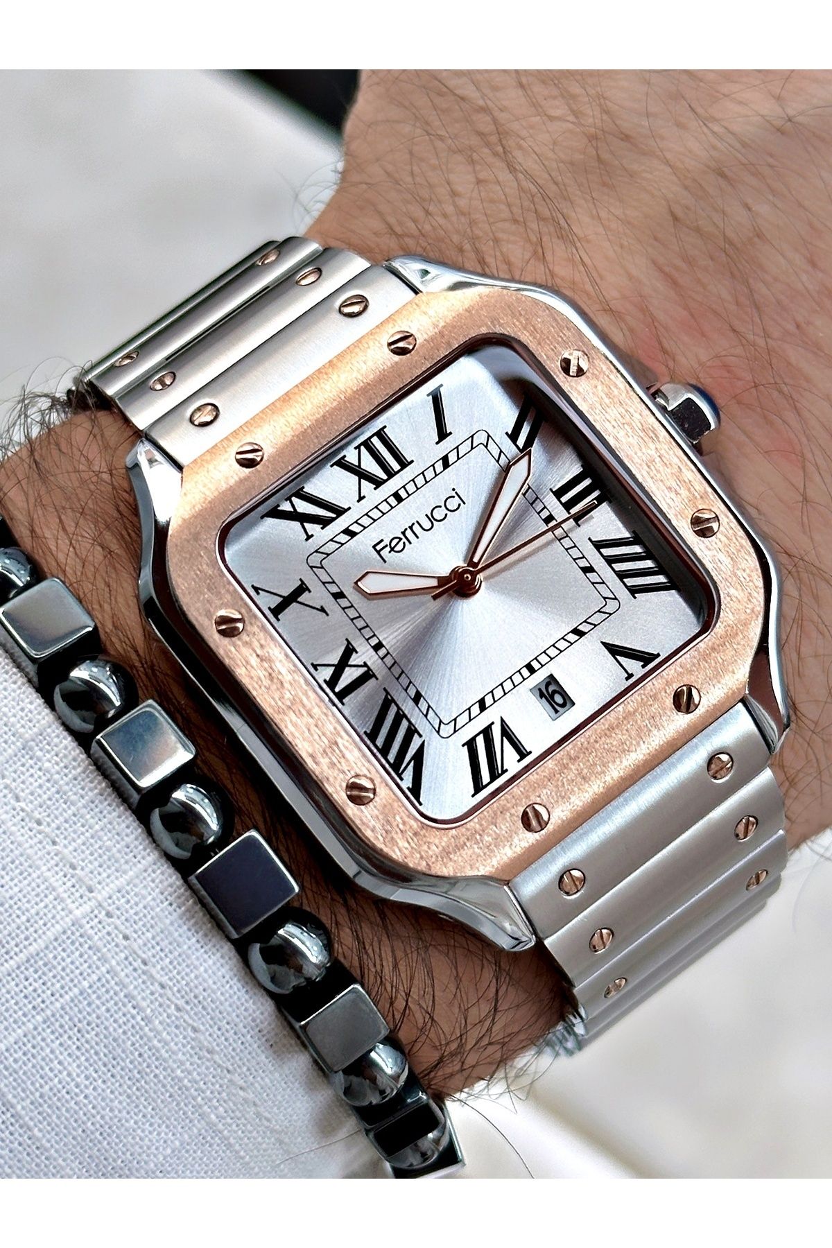 Ferrucci Kare Santos Model Takvimli Erkek Kol Saati Gri Renk - Görsel 3