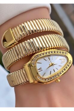 Merand Altın Renk Yılan Saat, Dolamalı Saat, Kadın Kol Saati