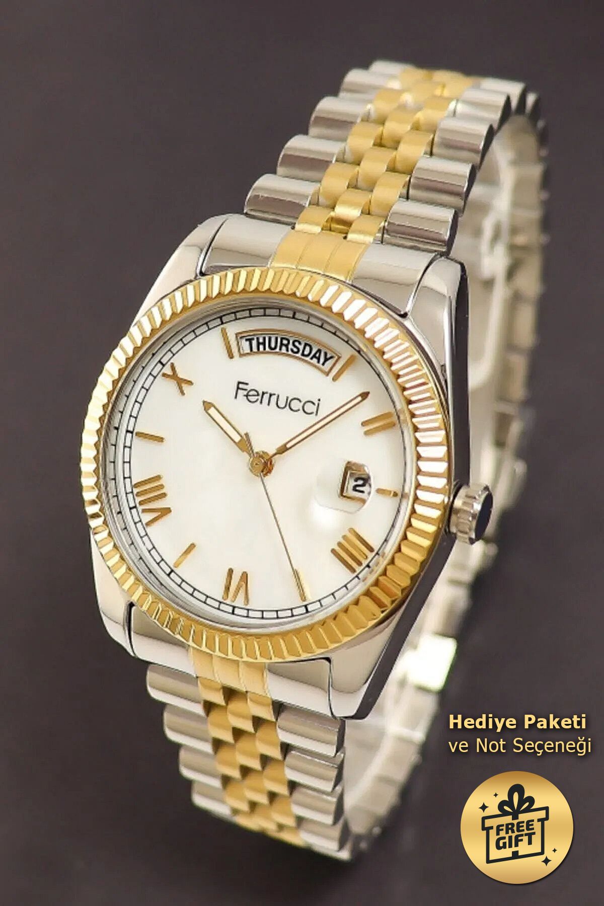 Ferrucci Sarı Beyaz Renk Çelik Kordon Sedef Kadran Kadın Kol Saati Fc.13024tm - Görsel 4