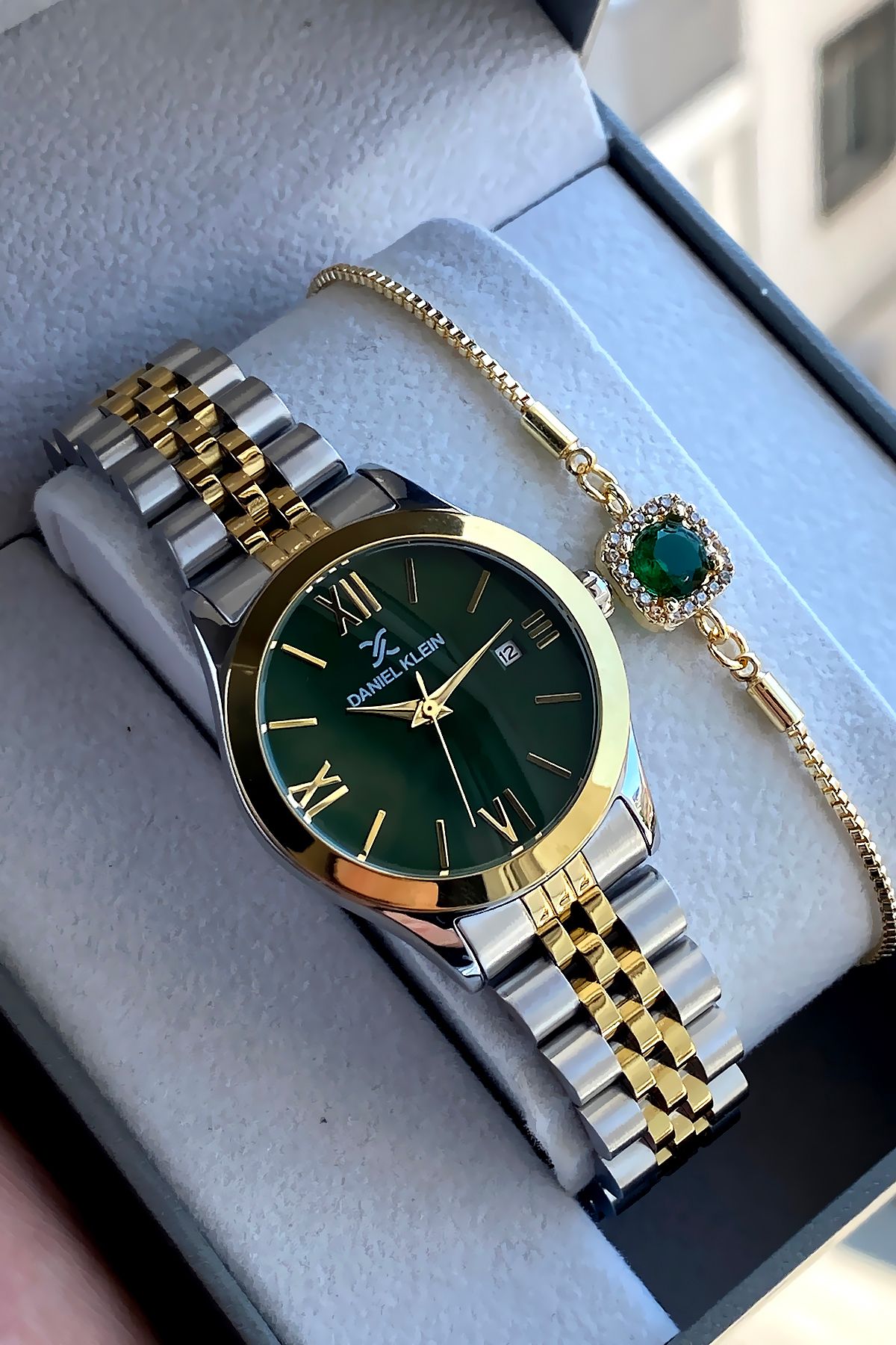 Daniel Klein %100 Orijinal Altın Gümüş Kordon Yeşil Kadran Kadın Kol Saati Bileklik Hediyeli - Görsel 5